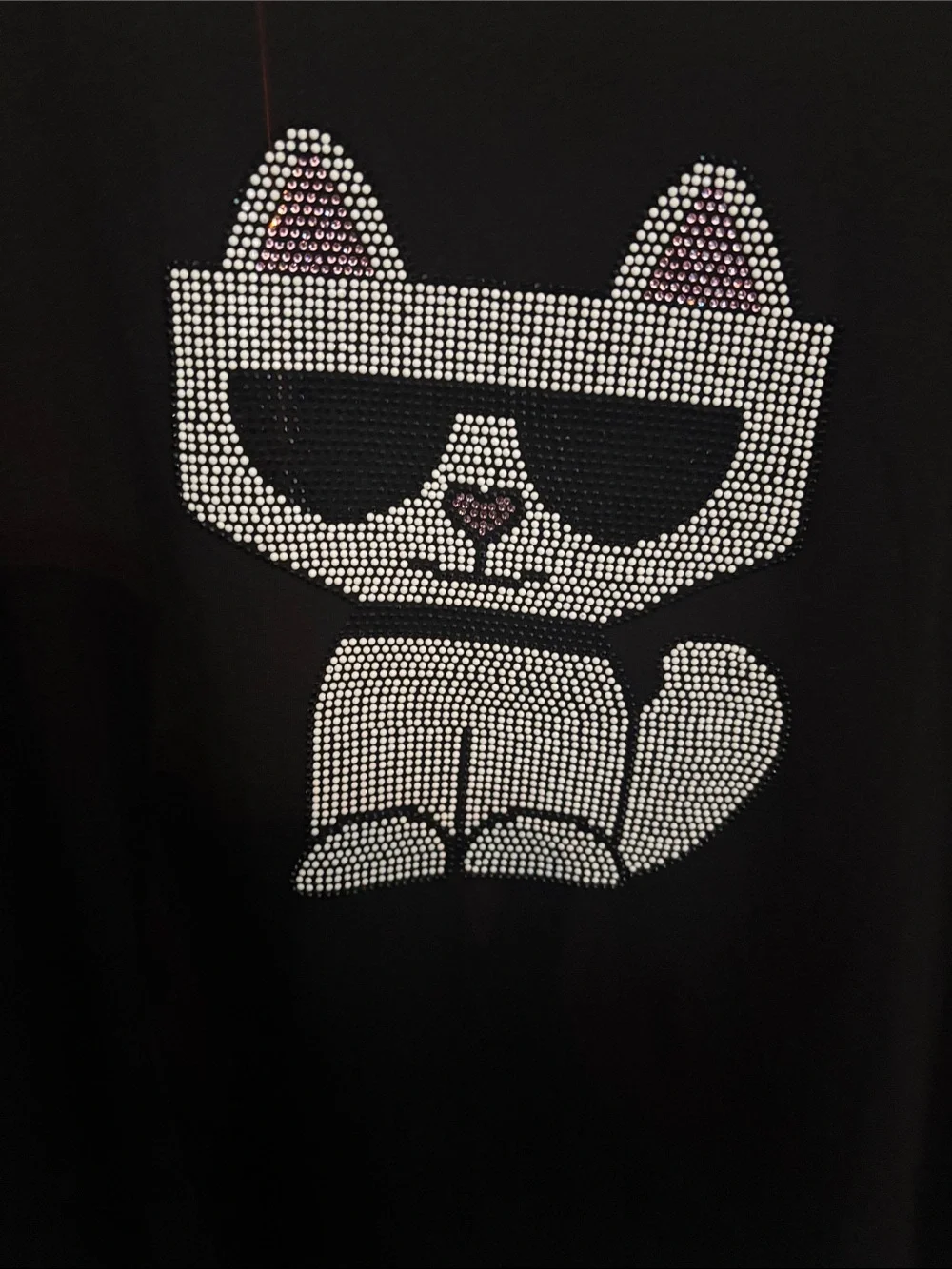 Karl Lagerfeld Black Rhinestone Cat Tee with Pink Accents